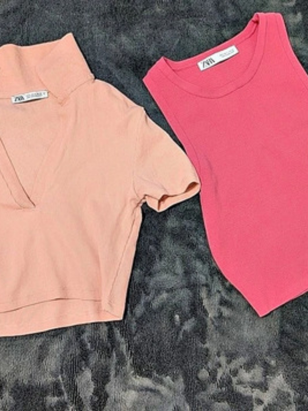 Zara Ribbed Crop Top Lot of 2: Peach Polo Collar & Hot Pink Racerback Tank Sz S